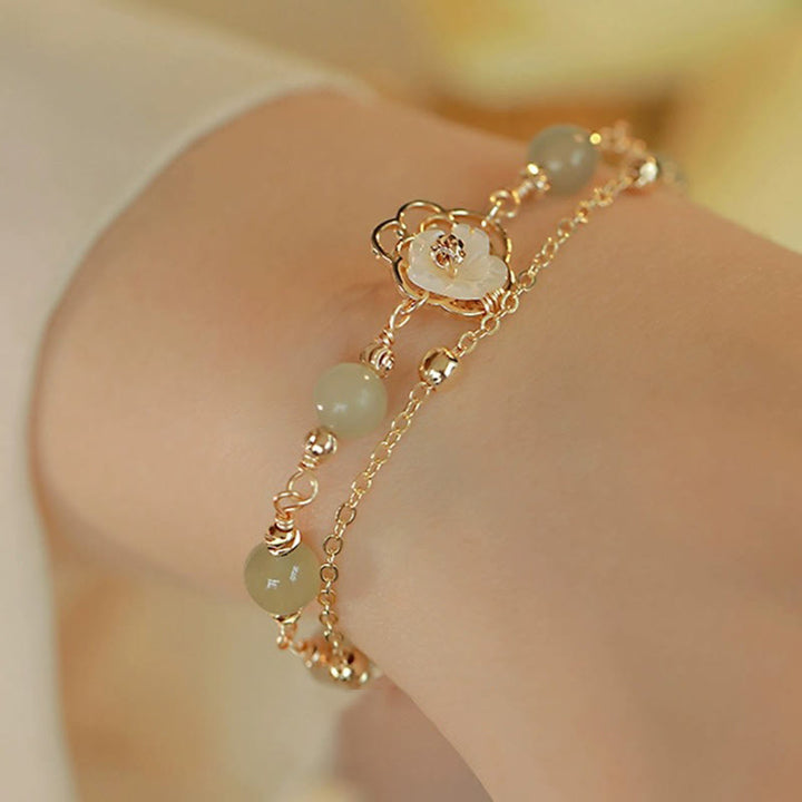 Buddha Stones 14K Gold Plated Jade Butterfly Tridacna Stone Flower Double Layer Luck Bracelet - image 15