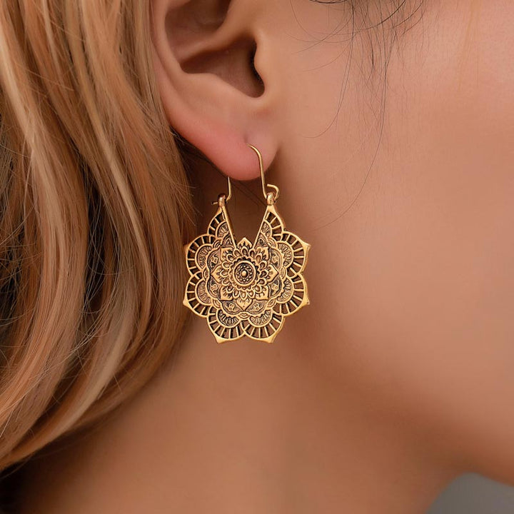 Buddha Stones Tibetan Lotus Engraving Copper Blessing Drop Earrings - image 4