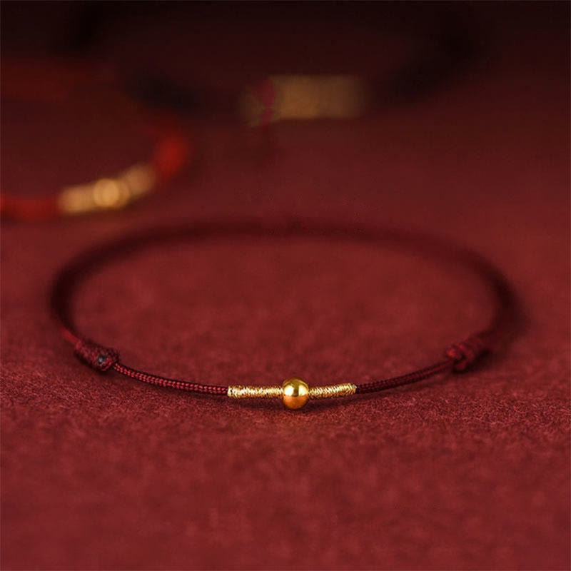 Buddha Stones 925 Sterling Silver Golden Bead Protection Braided Rope Bracelet Anklet - Dark Red - Anklet Circumference 21-27cm - image 0