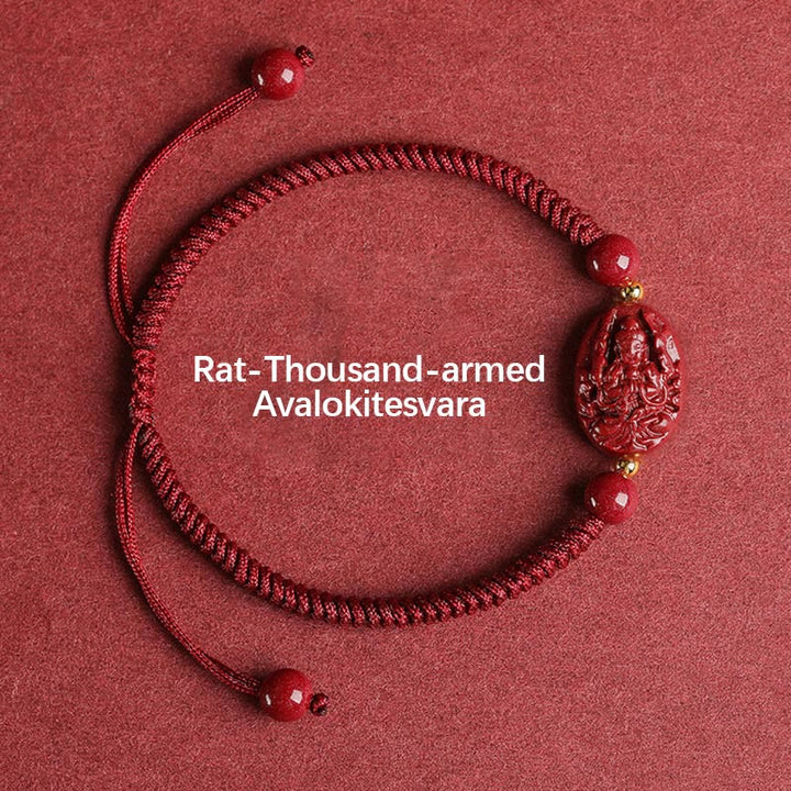 Buddha Stones Chinese Zodiac Natal Buddha Cinnabar Keep Away Evil Spirits Rope Bracelet - Rat-Thousand-armed Avalokitesvara - image 1