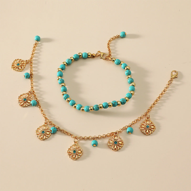 2Pcs Turquoise Stone Flower Protection Bracelet Anklet - Turquoise (Purification ♥ Serenity) - image 0
