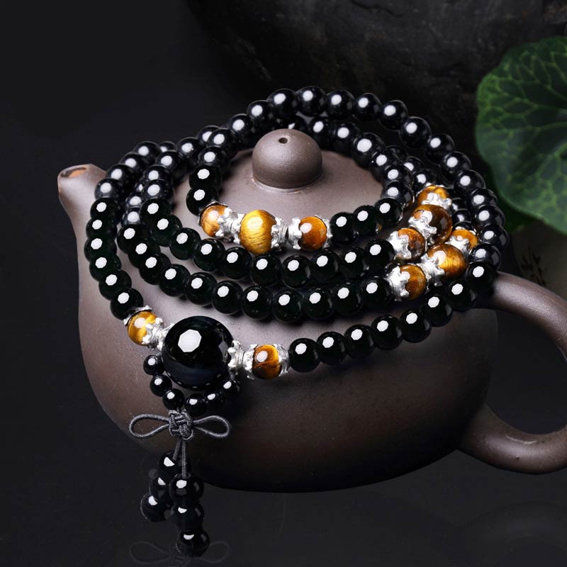 Buddha Stones 108 Beads Natural Black Obsidian Tiger Eye Mala Bracelet - Black Obsidian&Tiger Eye - 6mm - image 0