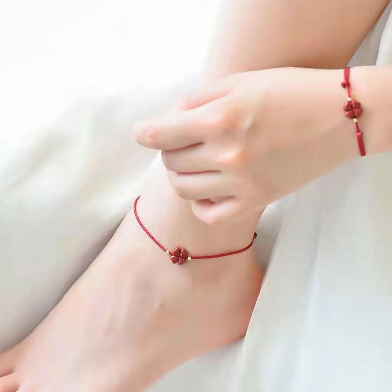 Buddha Stones Natural Cinnabar Four Leaf Clover Blessing Red String Bracelet Anklet - image 8