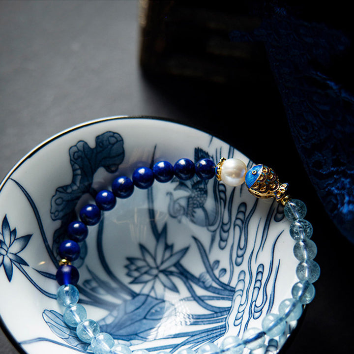 Buddha Stones Natural Aquamarine Lazurite Fish Healing Bracelet - image 3