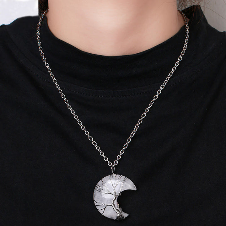 Buddha Stones Natural Quartz Crystal Moon Tree Of Life Healing Energy Necklace Pendant - image 9
