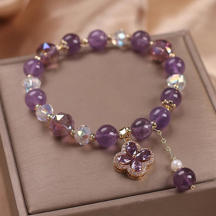 Buddha Stones Natural Amethyst Crystal Four Leaf Clover Spiritual Healing Bracelet - image 1