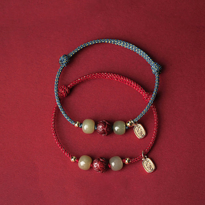 Buddha Stones 14K Gold Plated Hetian Jade Cinnabar Lotus Luck Handcrafted Rope Bracelet - image 2