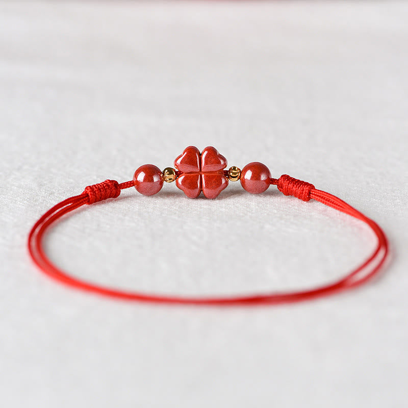 Buddha Stones Four Leaf Clover Cinnabar Blessing Calm String Bracelet Anklet - image 13