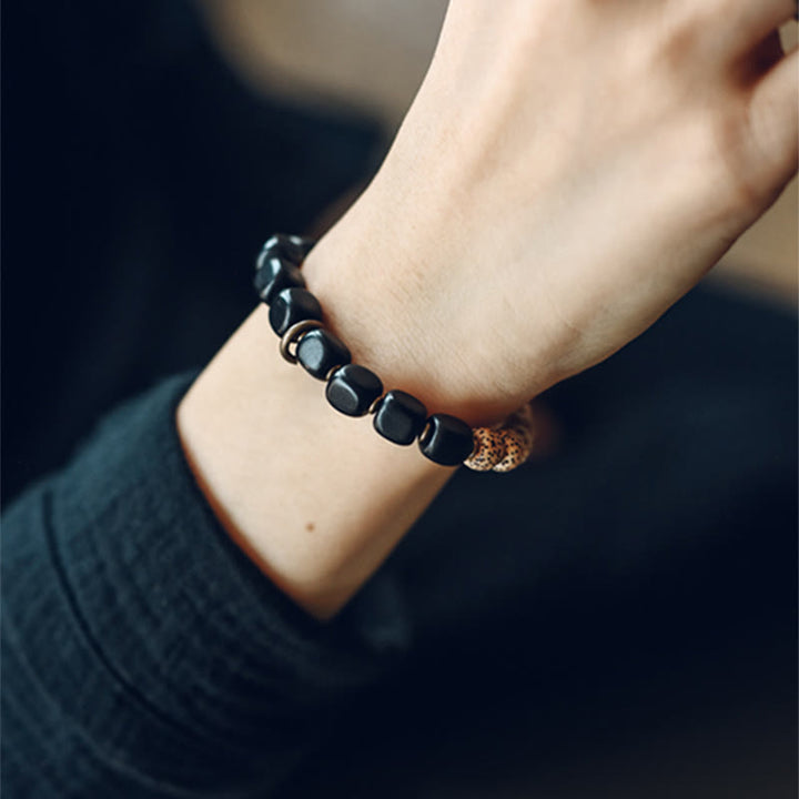 Buddha Stones Tibetan Bodhi Seed Black Obsidian Ebony Wood Copper Peace Bracelet - image 6