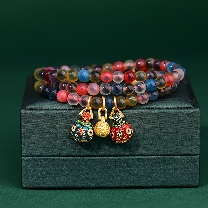 Buddha Stones Colorful Candy Agate Gold Swallowing Beast Family Strength Charm Triple Wrap Bracelet - Candy Agate(Hope♥Balance) - image 0