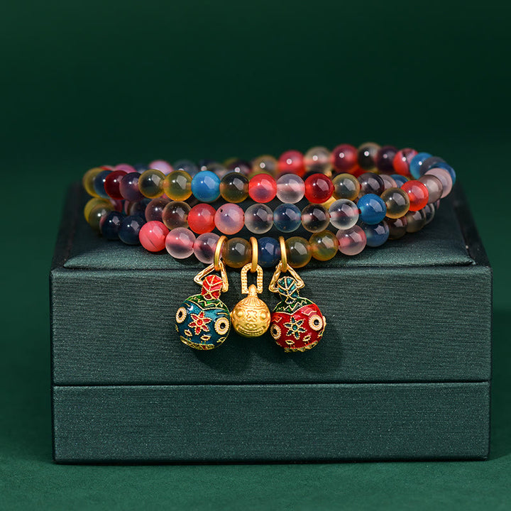 Buddha Stones Colorful Candy Agate Gold Swallowing Beast Family Strength Charm Triple Wrap Bracelet - Candy Agate(Hope♥Balance) - image 0