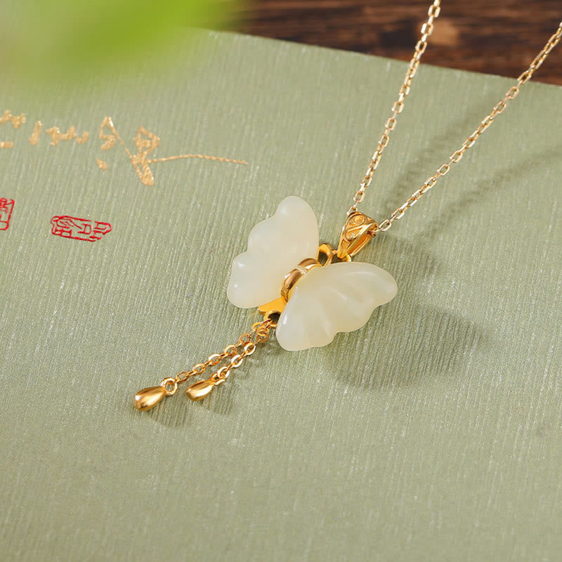 Buddha Stones 925 Sterling Silver Plated Gold Hetian White Jade Butterfly Blessing Necklace Pendant - Gold - image 1