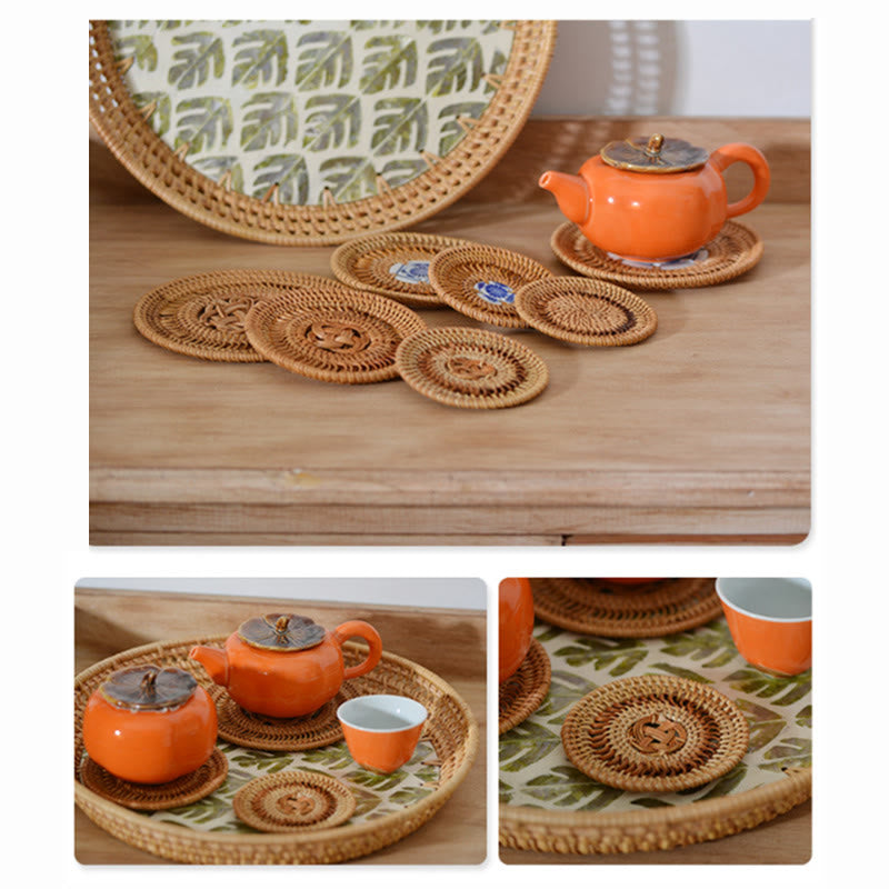 Ceramic Flower Pattern Rattan Cup Mat Tea Cup Coaster - image 9