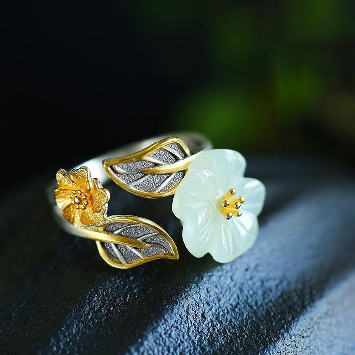 Buddha Stones 925 Silver Plated Copper White Jade Plum Flower Leaf Luck Ring - image 0