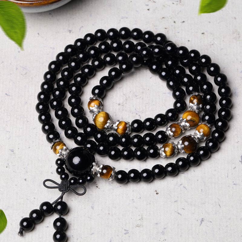 Buddha Stones 108 Beads Natural Black Obsidian Tiger Eye Mala Bracelet - image 5