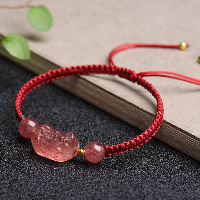 Buddha Stones Natural Strawberry Quartz PiXiu Lucky Red String Bracelet - image 4