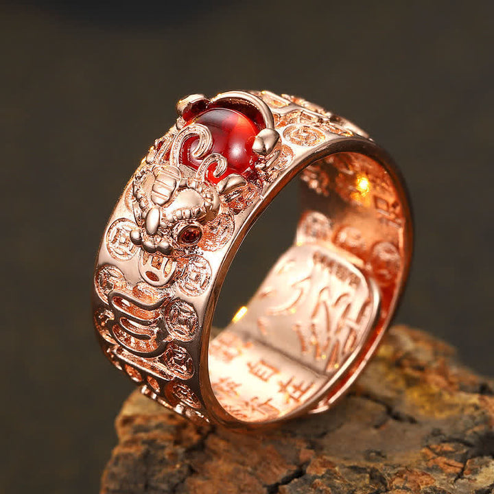 Buddha Stones FengShui PiXiu Red Garnet Heart Sutra Wealth Ring - image 2