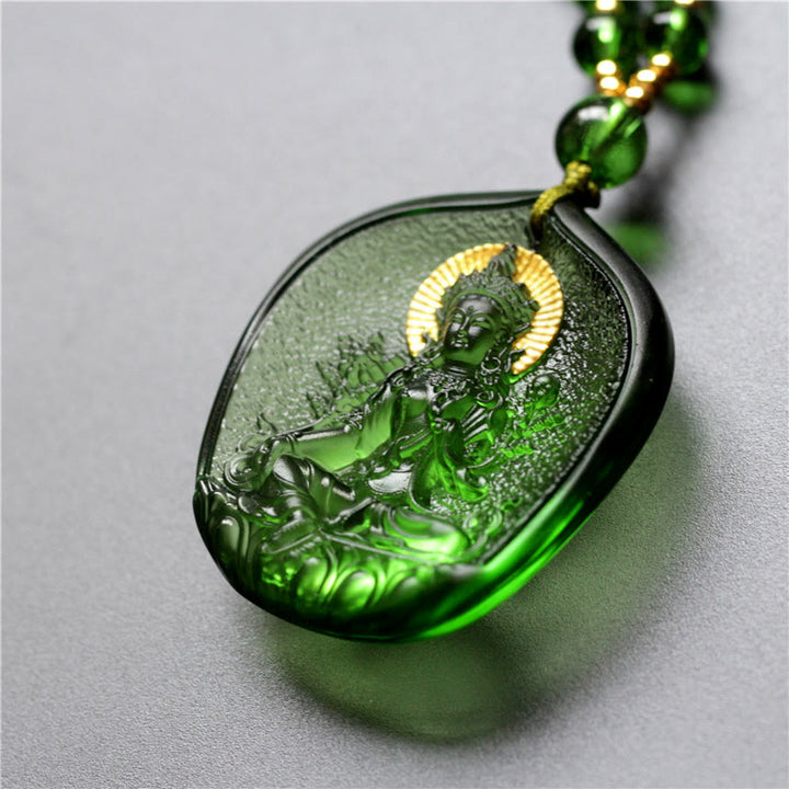 Buddha Stones Tibetan Green Tara Buddha Gold Plated Liuli Crystal Protection Necklace Pendant - image 2