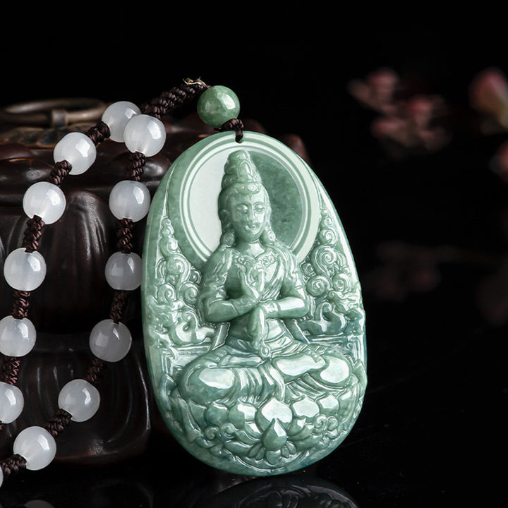 Buddha Stones Natural Jade Avalokitesvara Amulet Wealth Necklace Pendant - image 1