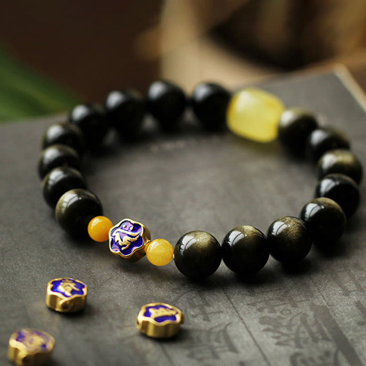 Buddha Stones 925 Sterling Silver Chinese Zodiac Natal Buddha Natural Gold Sheen Obsidian Amber Wealth Protection Bracelet - image 8