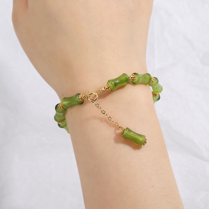 Buddha Stones Green Bamboo Pattern Liuli Crystal Moss Agate Wealth Chain Bracelet - image 5
