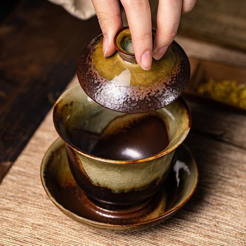 Buddha Stones Vintage Brown Kiln Change Design Porcelain Ceramic Gaiwan Sancai Teacup Kung Fu Tea Cup And Saucer With Lid - image 8