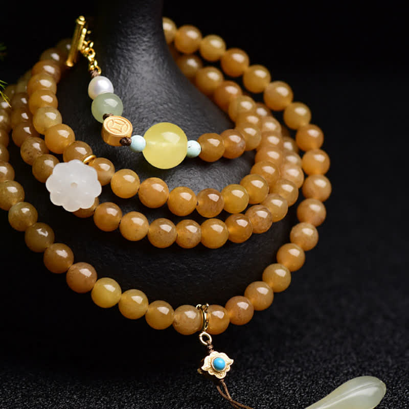 Buddha Stones Natural Hetian Topaz Amber Lotus White Jade Pearl Success Bracelet - image 4