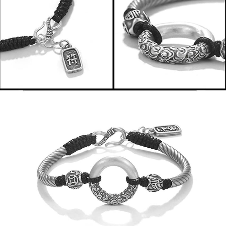 Buddha Stones 999 Sterling Silver Fu Character Peace Buckle Copper Coin Auspicious Clouds Fortune Bracelet - image 15