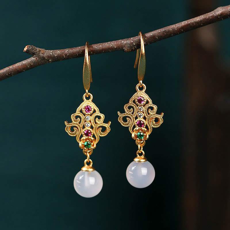 Buddha Stones 24K Gold Plated Round Chalcedony Positive Dangle Drop Earrings - image 2