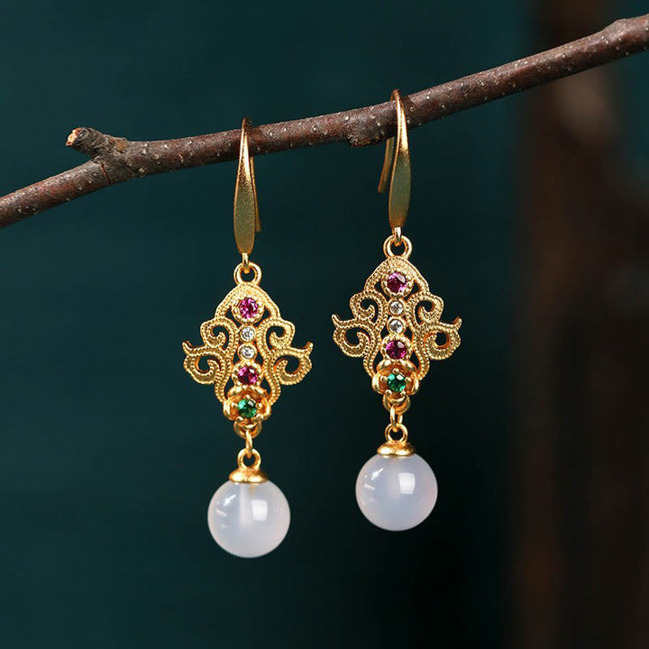 Buddha Stones 24K Gold Plated Round Chalcedony Positive Dangle Drop Earrings - image 2