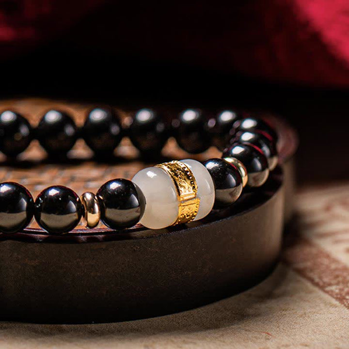 Buddha Stones Black Obsidian Jade Om Mani Padme Hum Strength Couple Magnetic Bracelet - image 12