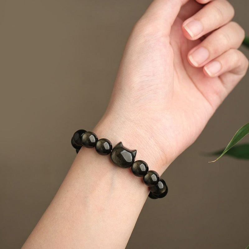 Buddha Stones Gold Sheen Obsidian Silver Sheen Obsidian Lovely Paw Lucky Cat Protection Bracelet - image 10