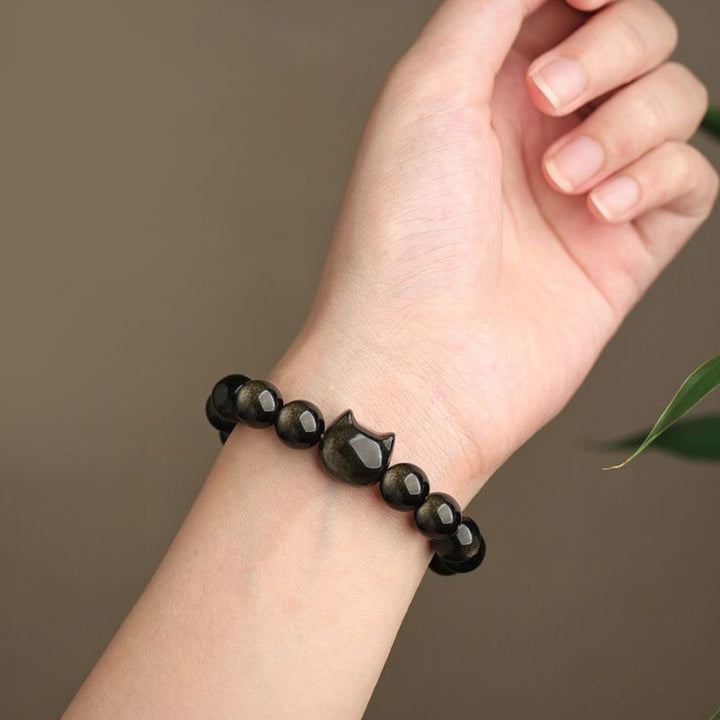 Buddha Stones Gold Sheen Obsidian Silver Sheen Obsidian Lovely Paw Lucky Cat Protection Bracelet - image 10