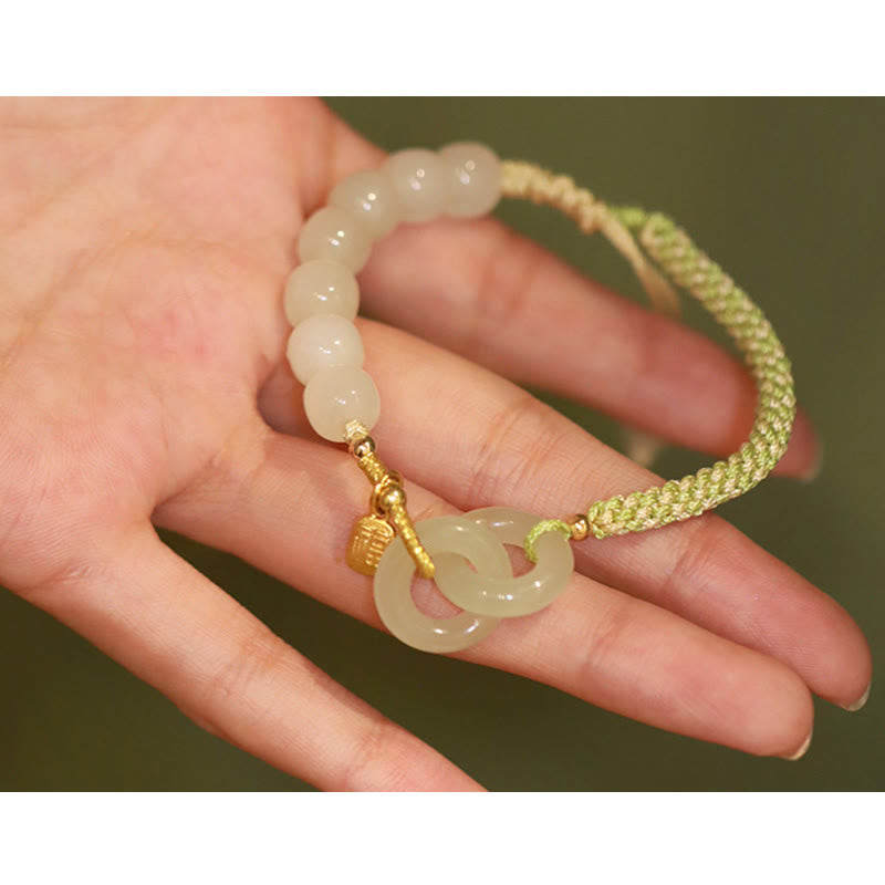 Buddha Stones Natural Hetian Jade Bead Double Peace Buckle Fu Character Abundance Braided Bracelet - image 17