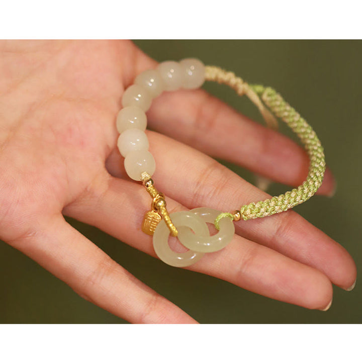 Buddha Stones Natural Hetian Jade Bead Double Peace Buckle Fu Character Abundance Braided Bracelet - image 17
