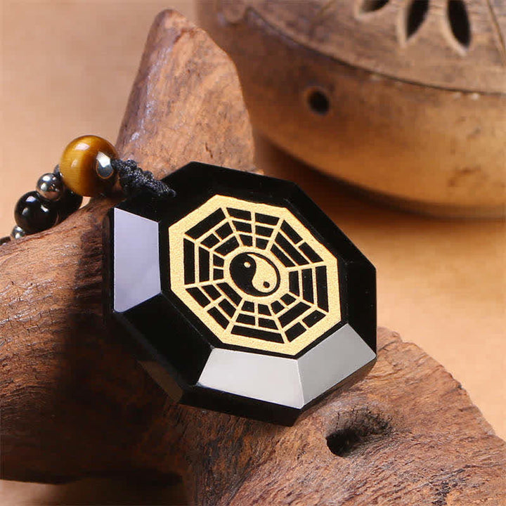 Buddha Stones Bagua Yin Yang Black Obsidian Purification Beaded Necklace Pendant - image 2