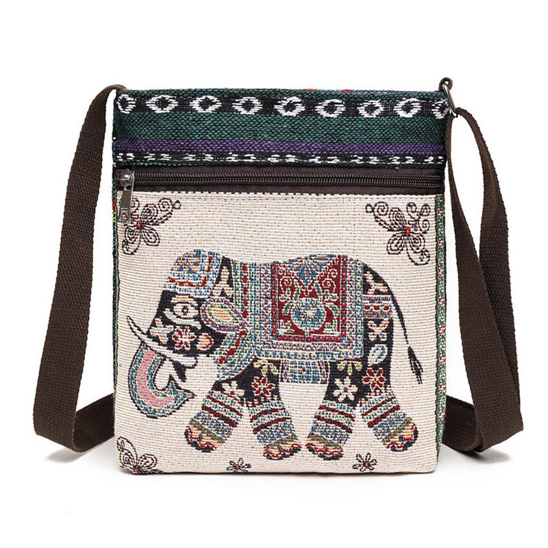 Buddha Stones Elephant Butterfly Embroidered Canvas Tote Bag Shoulder Bag Crossbody Bag - Beige Elephant - image 0