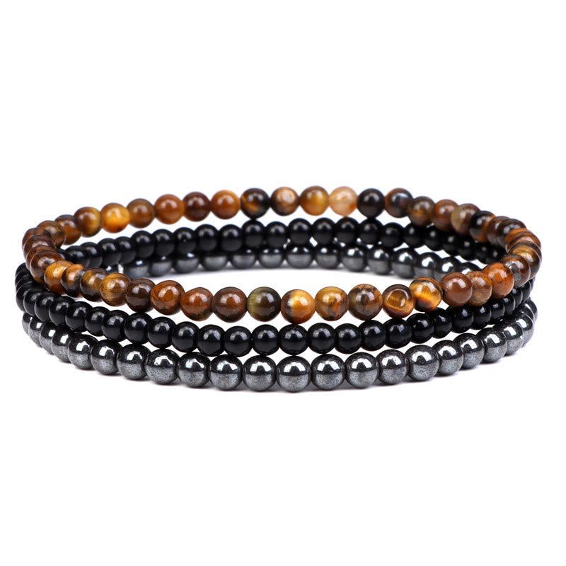 Buddha Stones 3Pcs Natural Crystal Stone Inner Peace Spiritual Bracelet - 4mm Tiger Eye&Black Glass Beads&Hematite(Wrist Circumference 15-16cm) - image 19