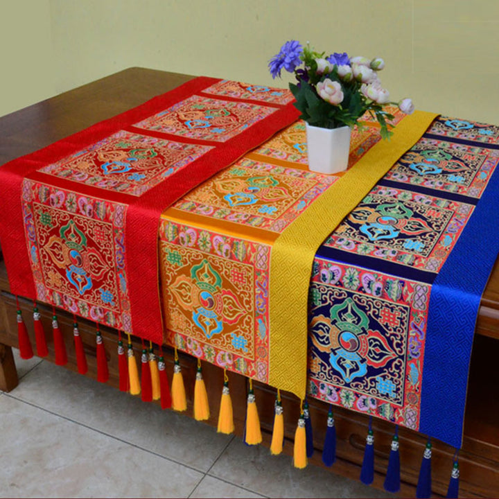 Buddha Stones Prayer Altar Mat Man-Bcu Kalachakra Endless Knot Vajra Tibetan Auspicious Symbols Tassels Table Runner - image 3