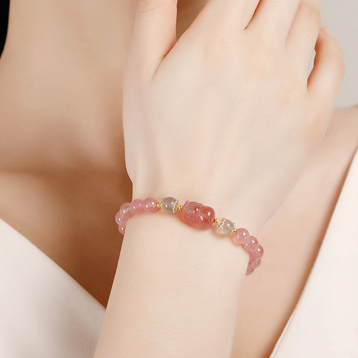 Buddha Stones Aquamarine Strawberry Quartz Amethyst Moonstone PiXiu Healing Bracelet - image 4