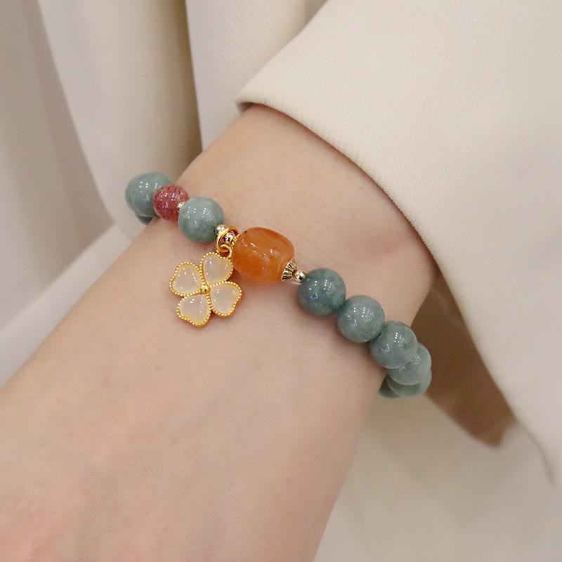 Buddha Stones Jade Four Leaf Clover Charm Prosperity Bracelet - image 7