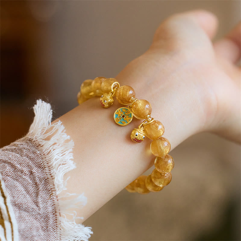 Buddha Stones Gold Swallowing Beast Copper Coin Good Luck Charm Liuli Glass Bead Fortune Bracelet - Gold Liuli Glass Bead(Wrist Circumference 14-16cm) - image 11