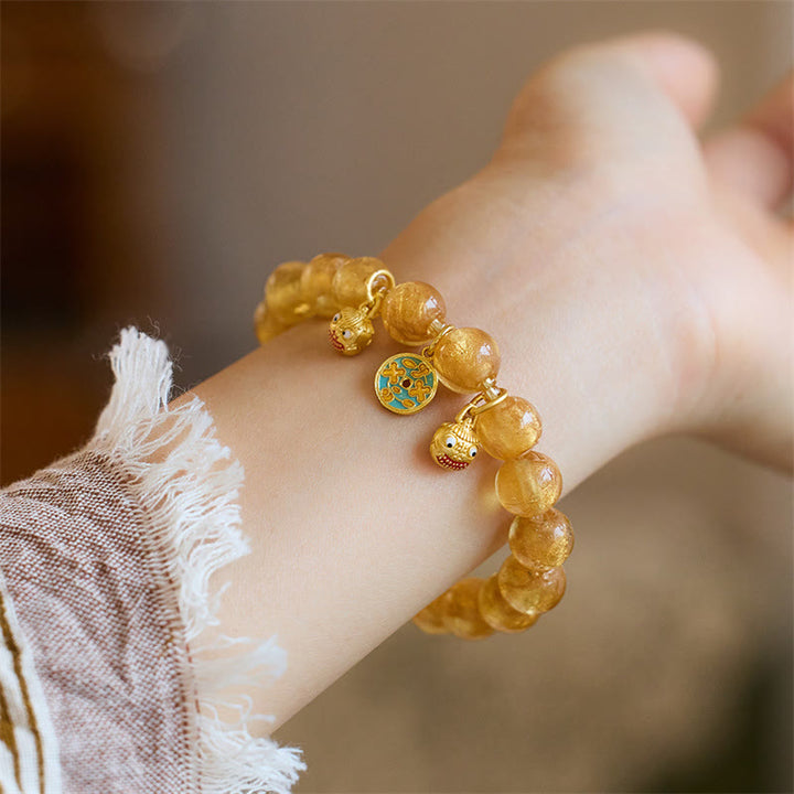 Buddha Stones Gold Swallowing Beast Copper Coin Good Luck Charm Liuli Glass Bead Fortune Bracelet - Gold Liuli Glass Bead(Wrist Circumference 14-16cm) - image 11