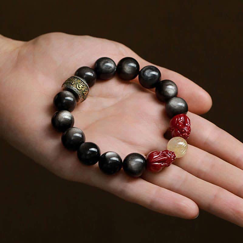 Buddha Stones Gold Sheen Obsidian PiXiu Cinnabar Om Mani Padme Hum Protection Bracelet - image 5
