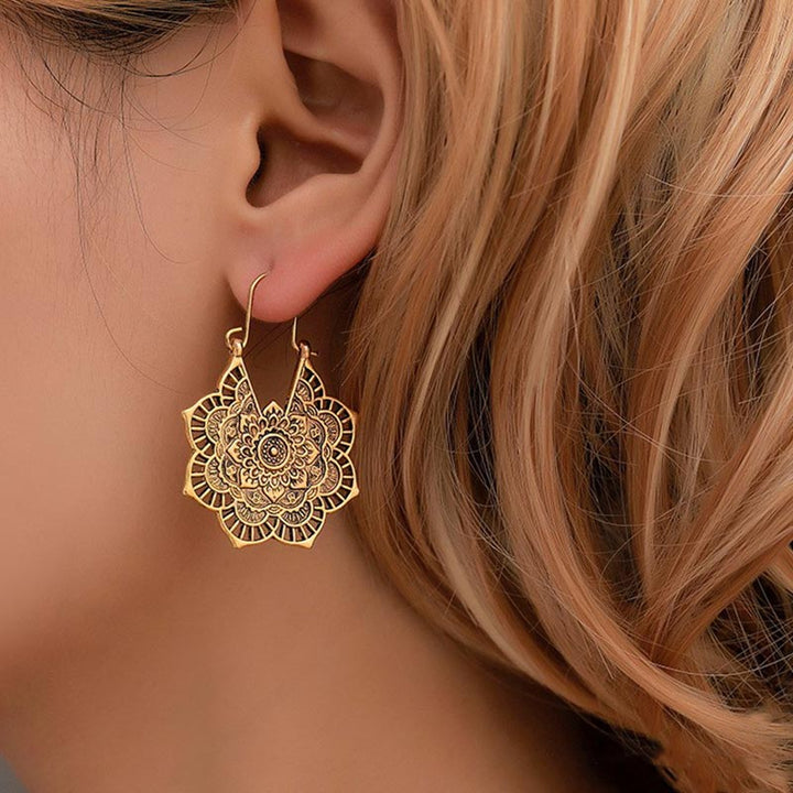 Buddha Stones Tibetan Lotus Engraving Copper Blessing Drop Earrings - image 2