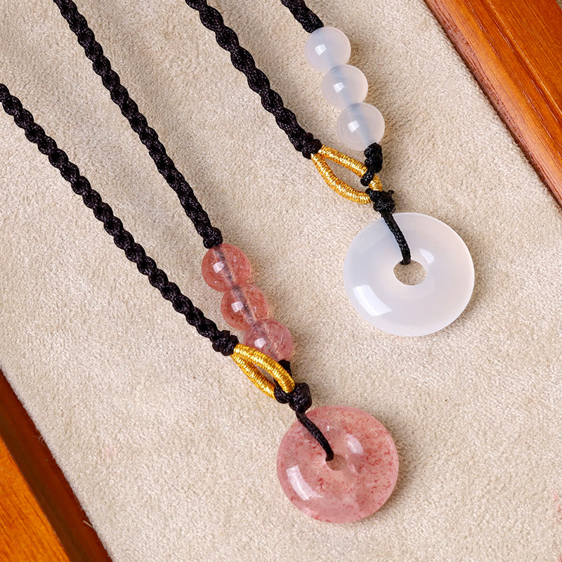 Buddha Stones Strawberry Quartz Chalcedony Peace Buckle Healing Necklace Pendant - image 1