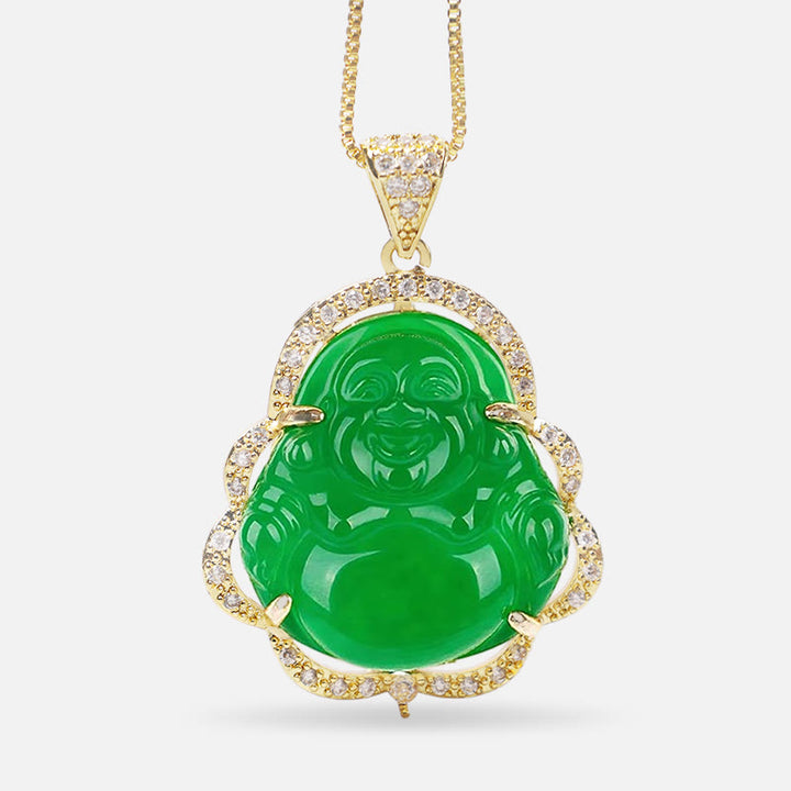 Buddha Stones Good Luck Laughing Buddha Necklace - A-Laughing Buddha-Golden/Green - image 0
