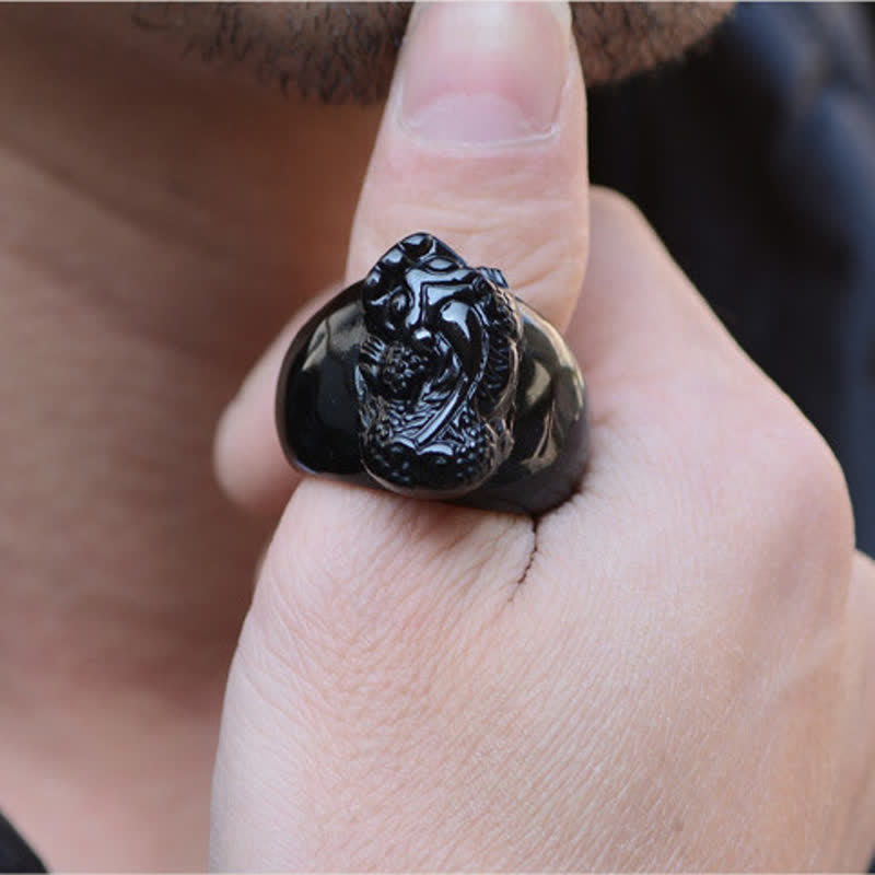 Buddha Stones FengShui PiXiu Black Obsidian Strength Ring - image 2