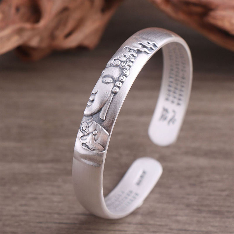 Buddha Stones 999 Sterling Silver Buddha Head Heart Sutra Serenity Bracelet Bangle - image 1