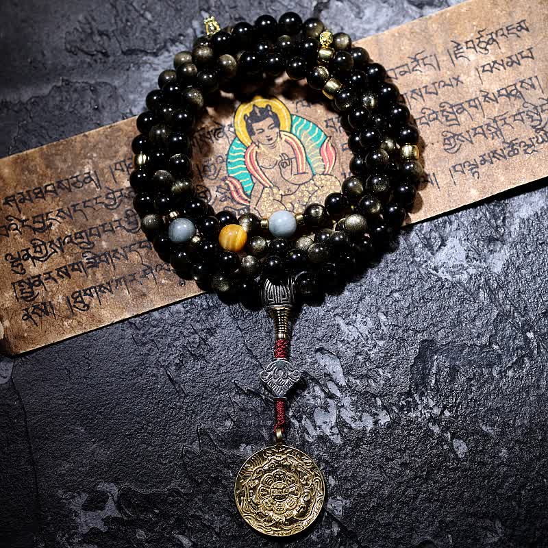 Buddha Stones 108 Mala Beads Gold Sheen Obsidian Tiger Eye Eagle's Eye Stone Wealth Bracelet - 6mm - Nine Palaces Bagua - image 7